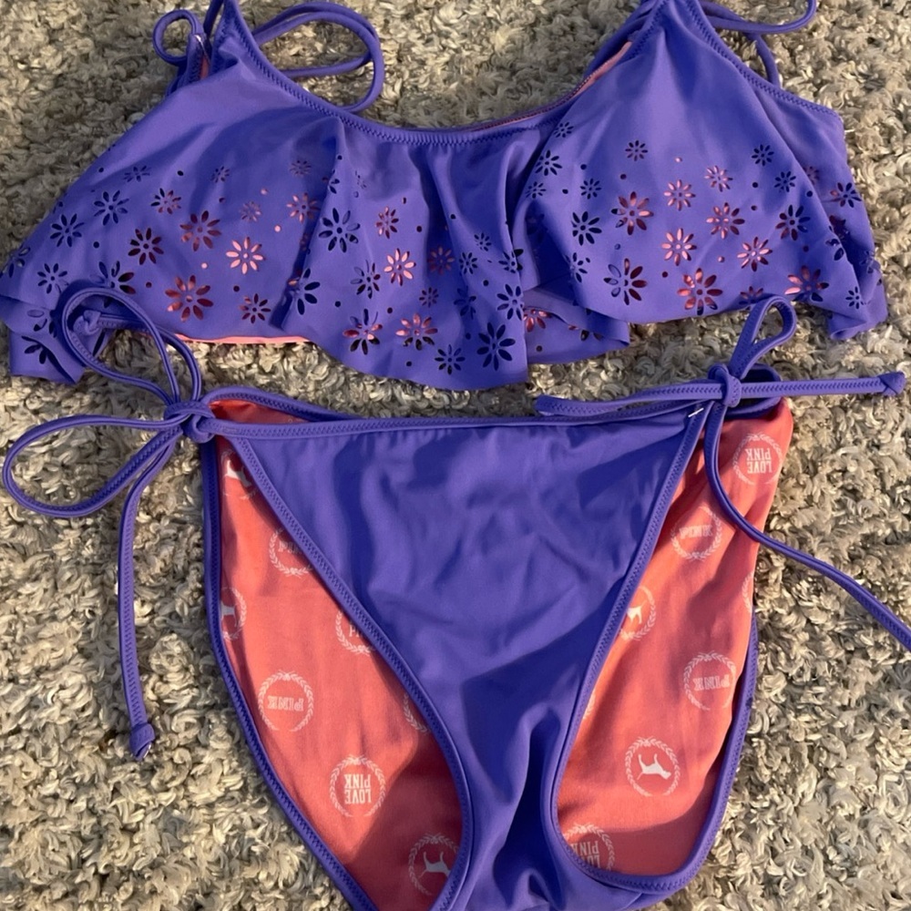 Victoria's Secret Pink Purple and Coral Bikini Top and bottom L